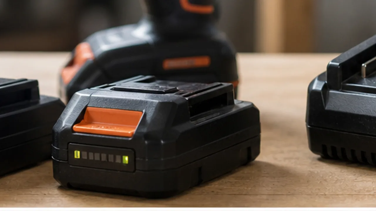 Cordless tool batteries and a charger on a workshop bench