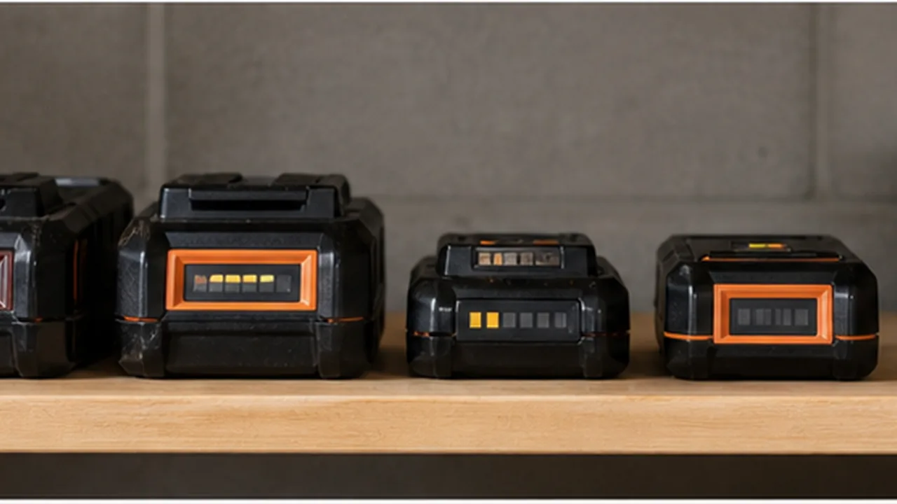 Cordless tool batteries stored neatly on an indoor workshop shelf
