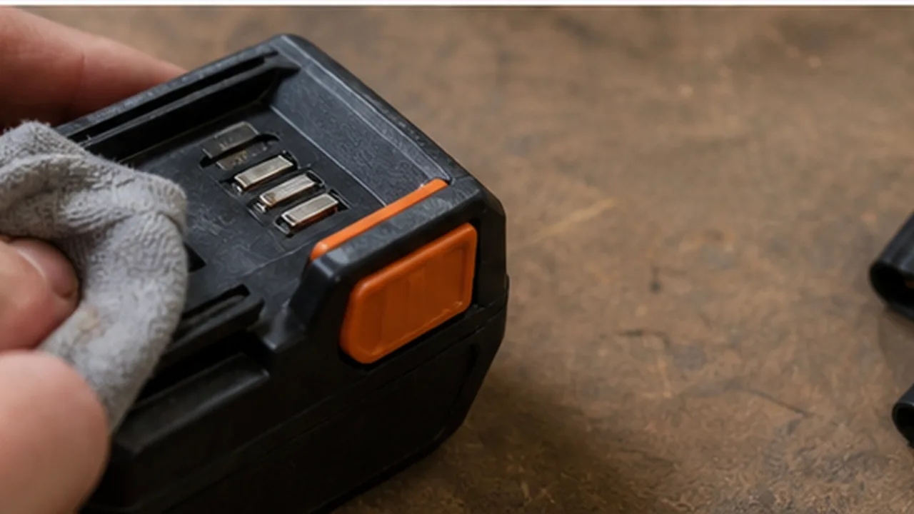 Battery contacts being cleaned with a cloth during cordless tool maintenance
