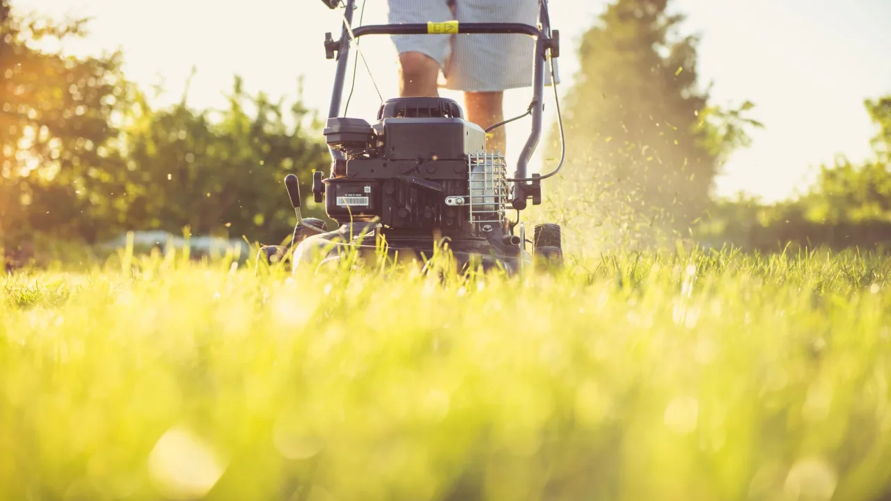 Close-up of a gas push mower's engine and serial plate while a solo operator mows at sunset