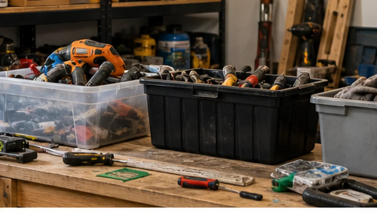 Garage workbench clutter being sorted into existing bins and tool groups