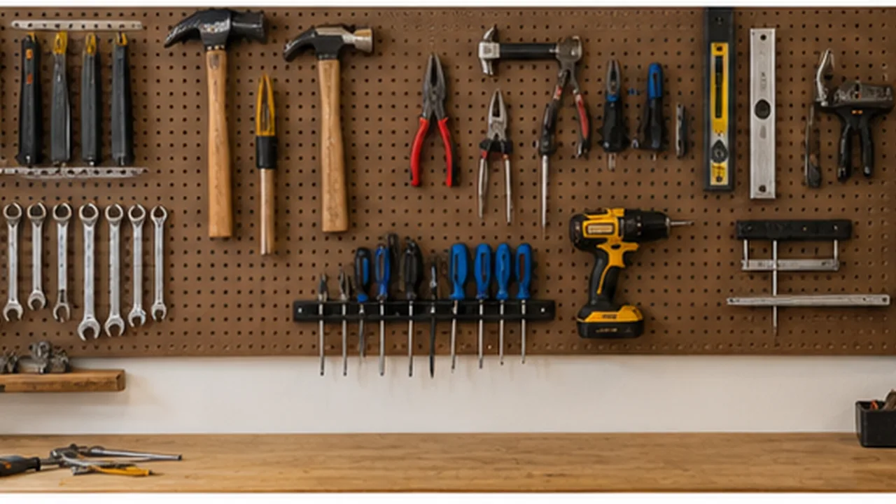 Pegboard wall with hand tools arranged by workflow above a workbench