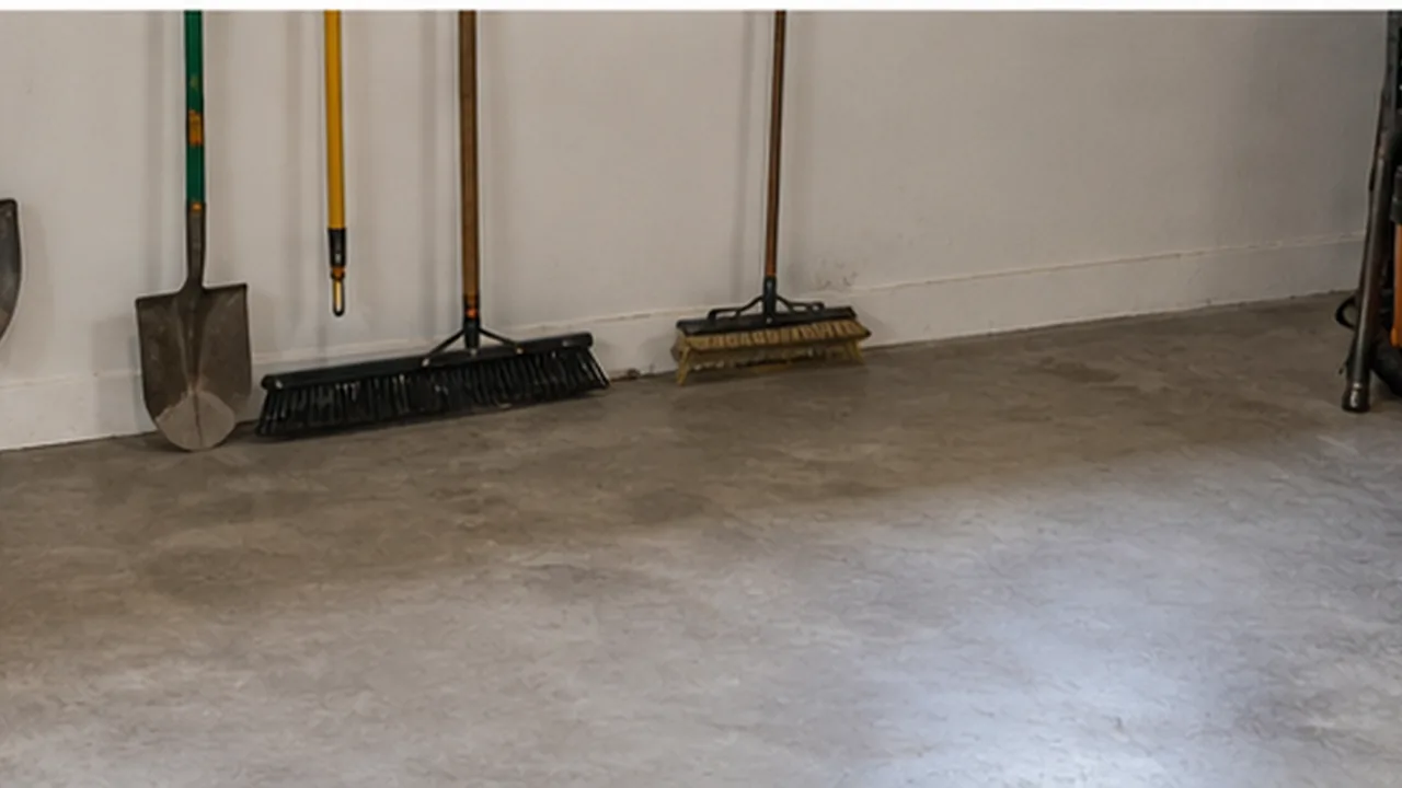A cleared garage floor area beside organized wall tools and shelves