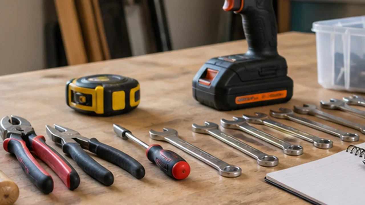 Tools arranged on a garage workbench with a phone and notebook ready for a home inventory