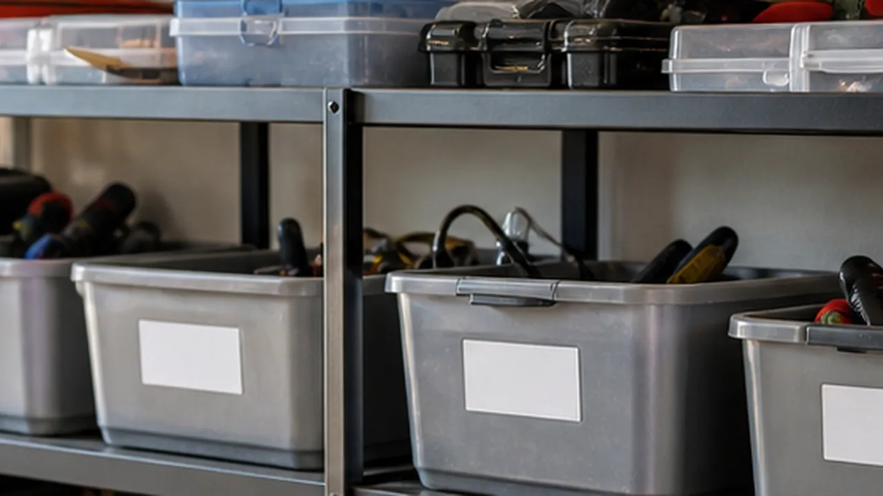 Garage storage shelves with tools and bins organized for inventory tracking