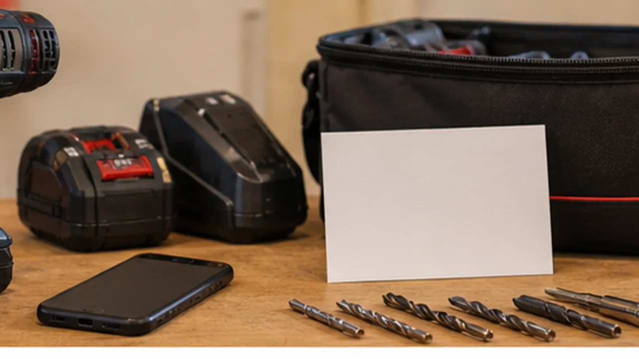 A cordless drill, accessories, phone, and blank loan note prepared before lending a tool