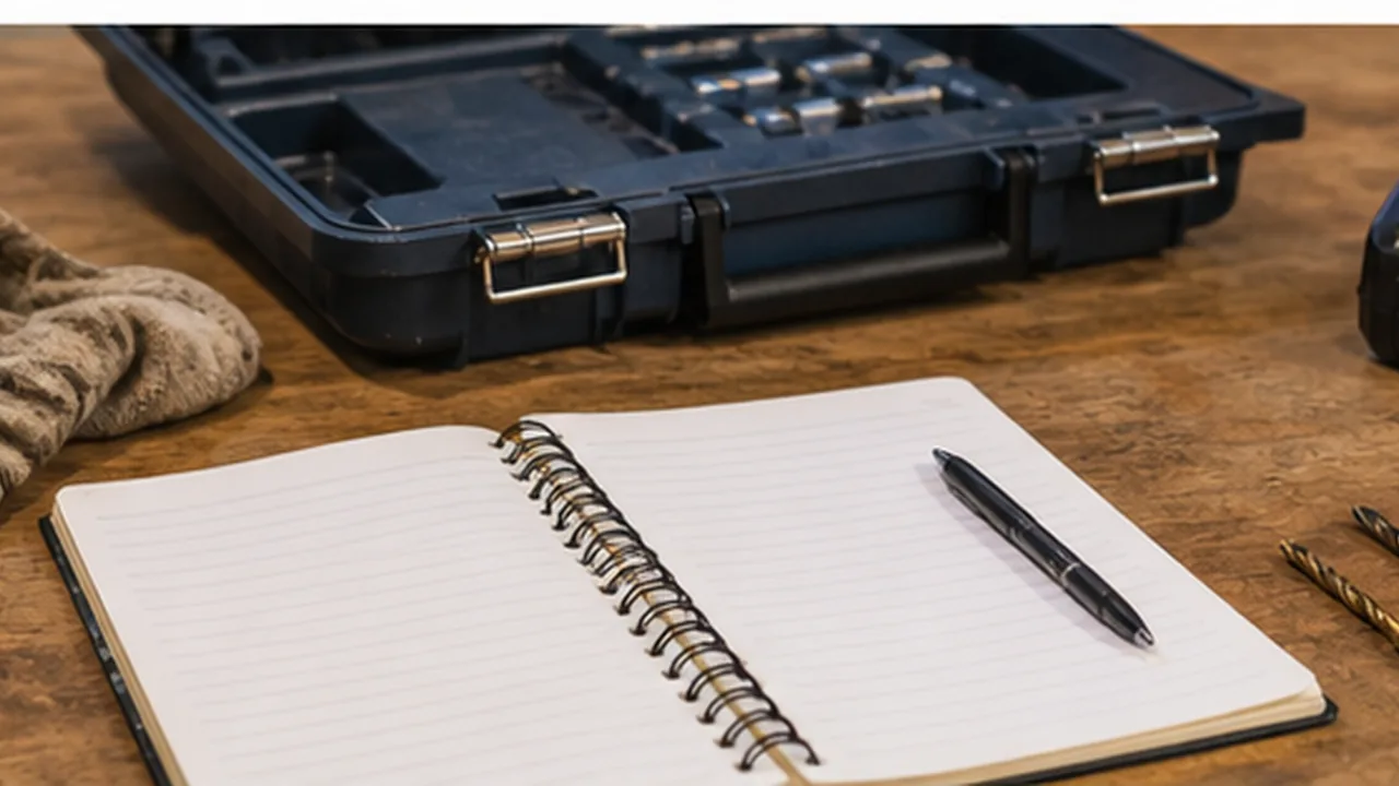 Returned tool accessories checked beside a notebook on a garage workbench