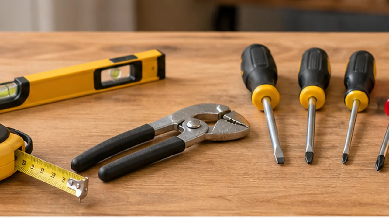 Starter homeowner hand tools laid out on a wooden table