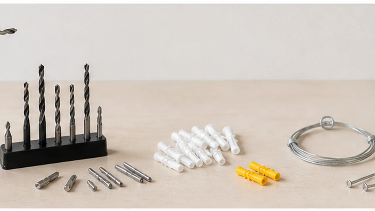 Drill bits and basic wall hanging supplies arranged for first home projects