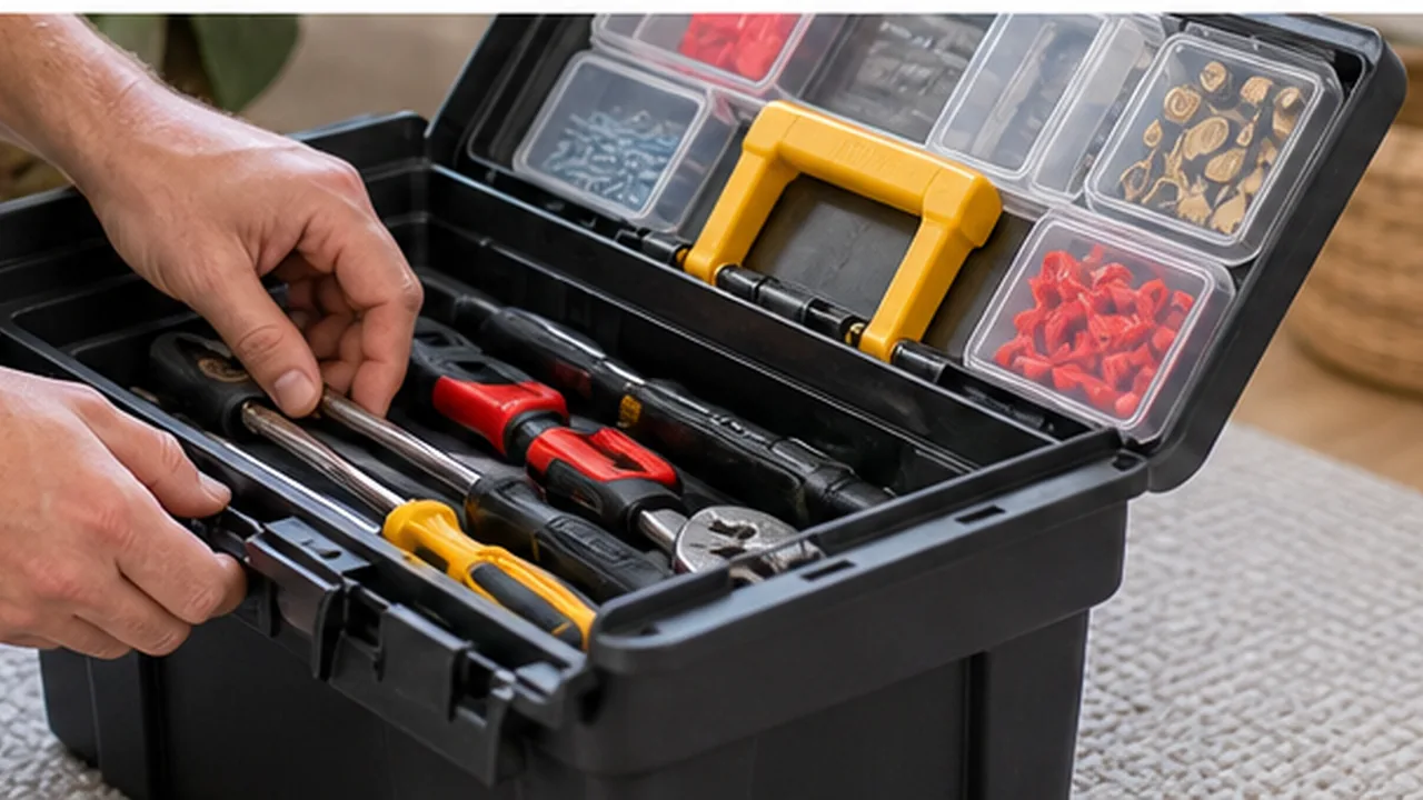 A compact toolbox being organized with essential new homeowner tools