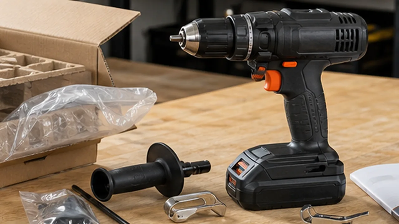 A new cordless drill unboxed on a workbench with accessories and packaging