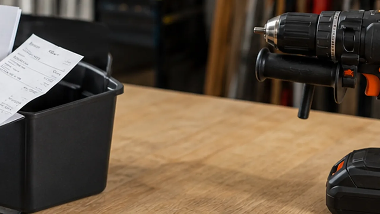 A receipt and tool paperwork being placed near a new cordless drill on a workbench