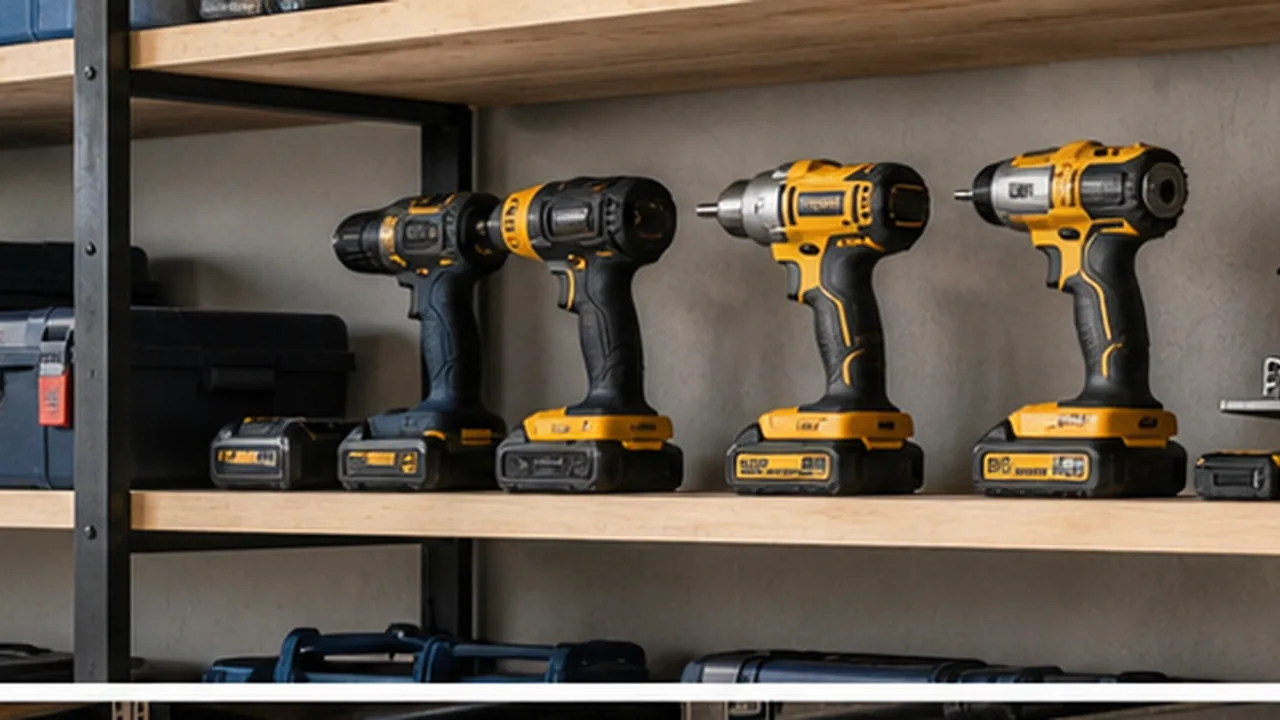 Cordless power tools stored upright on sturdy garage shelving