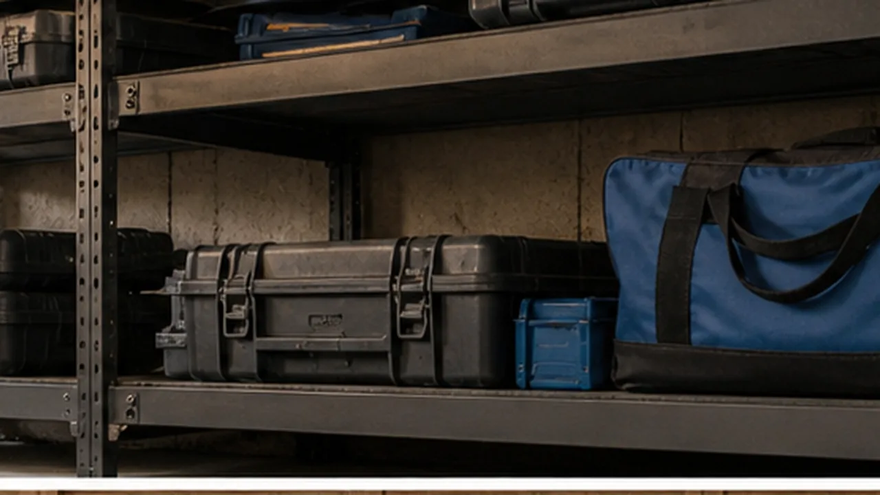 Tool cases and bags stored on a dry basement utility shelf