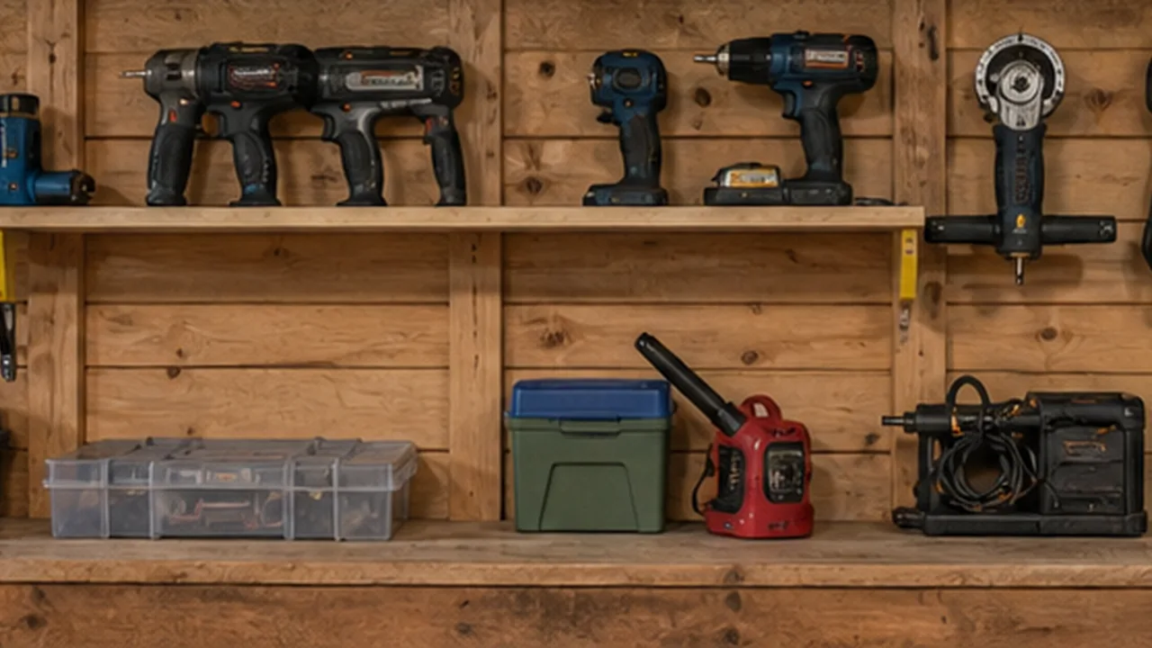 Power tools and supplies stored on a shed wall with shelves and hooks