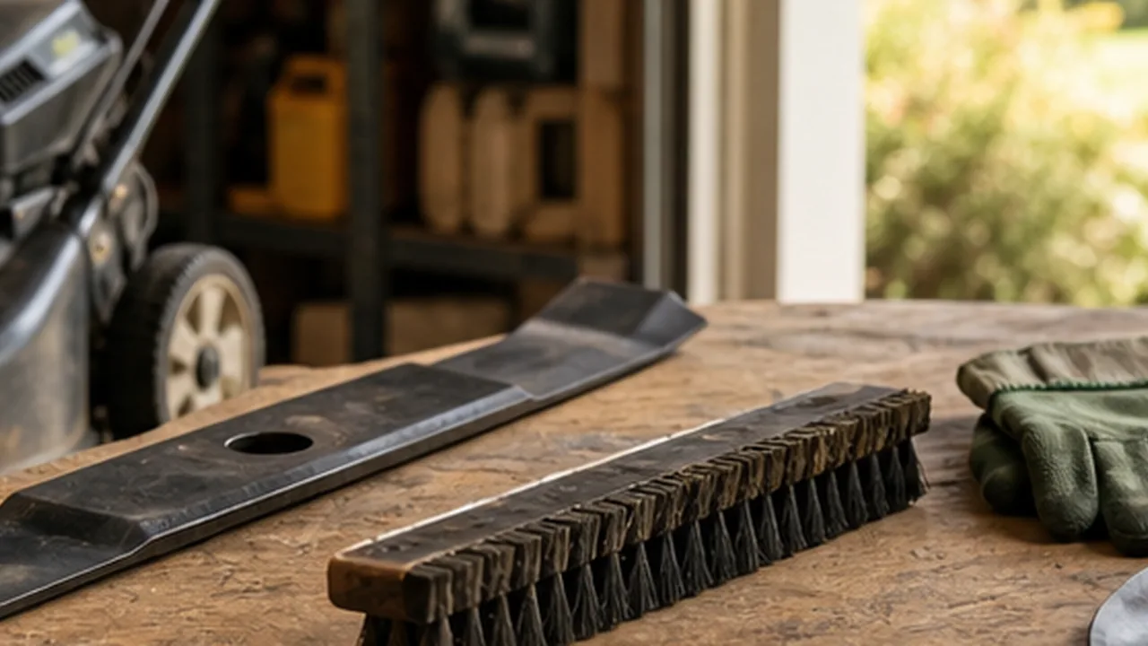 A mower blade, brush, gloves, and small tools ready for spring maintenance