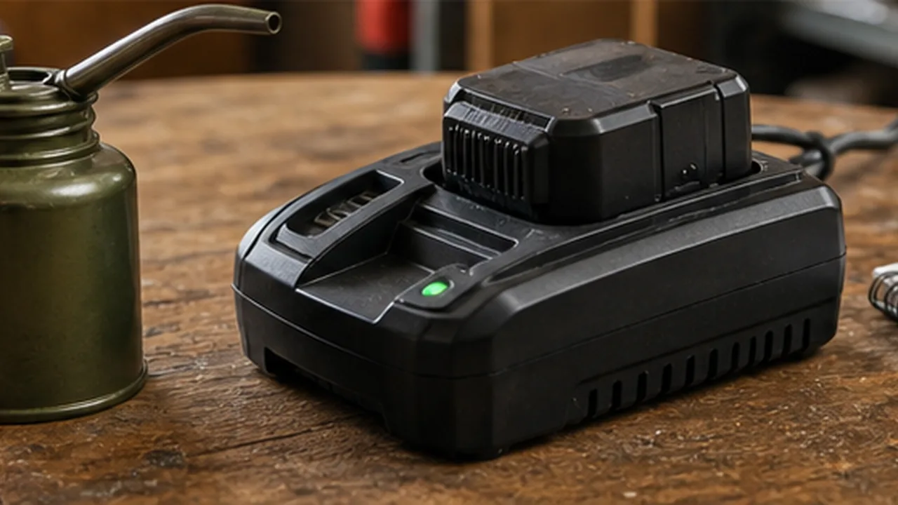Battery charger, oil can, rag, and notebook set out for seasonal tool maintenance
