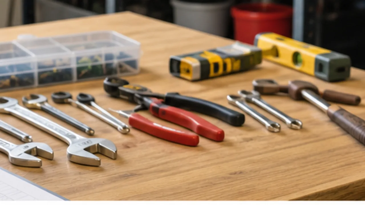 Tools arranged on a workbench for insurance documentation photos