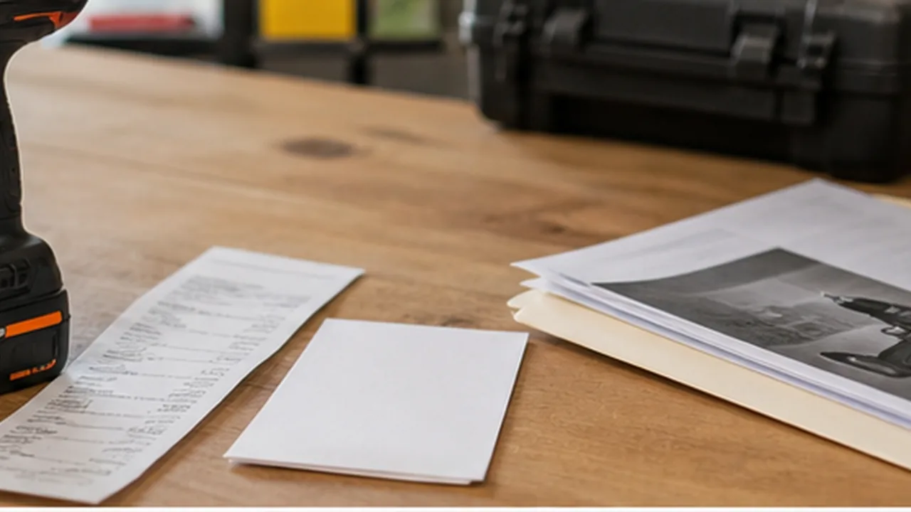 Tool paperwork and a cordless tool arranged on a workbench for document tracking