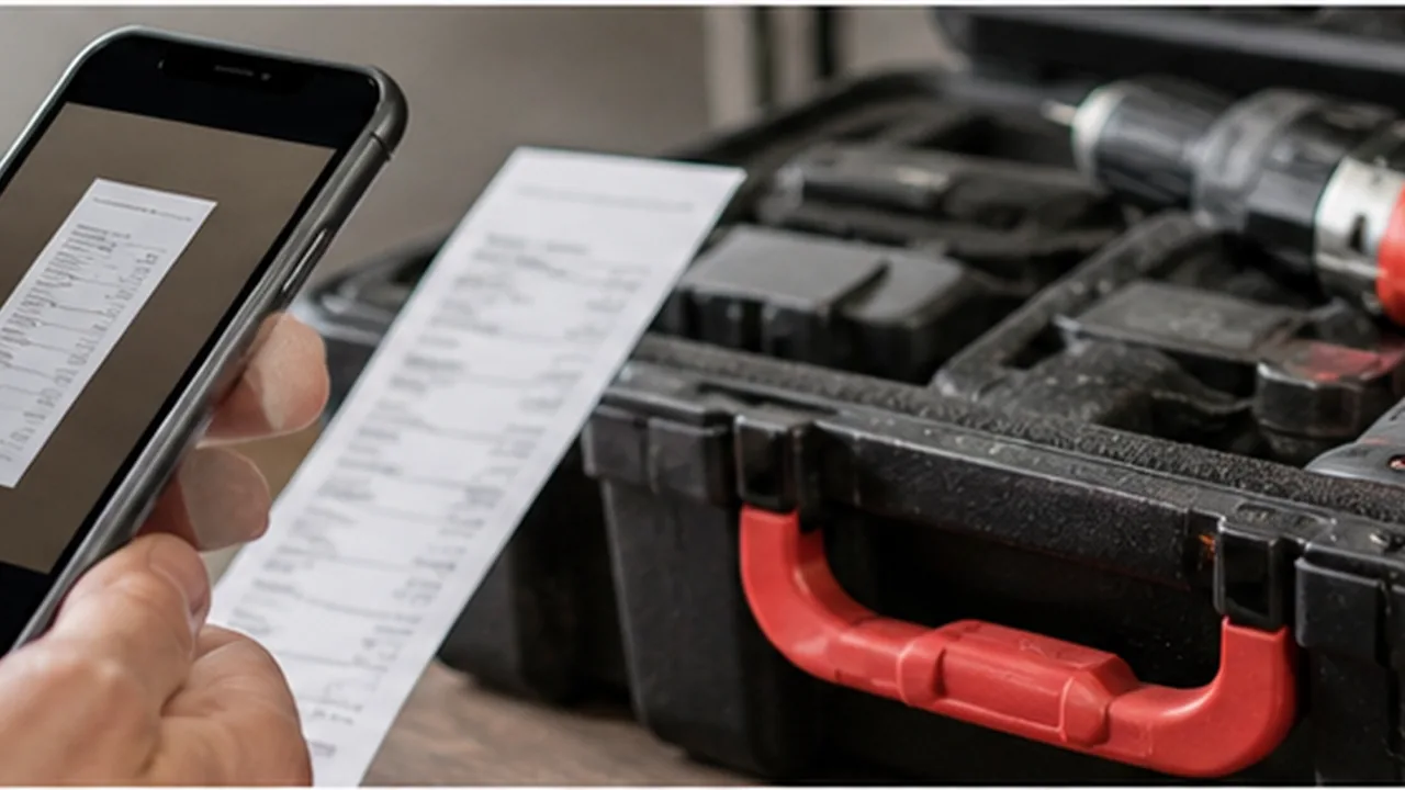 A phone scanning a tool receipt next to a tool case
