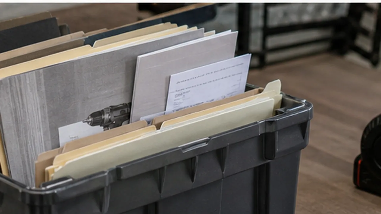 A document organizer holding tool manuals and receipts in a workshop