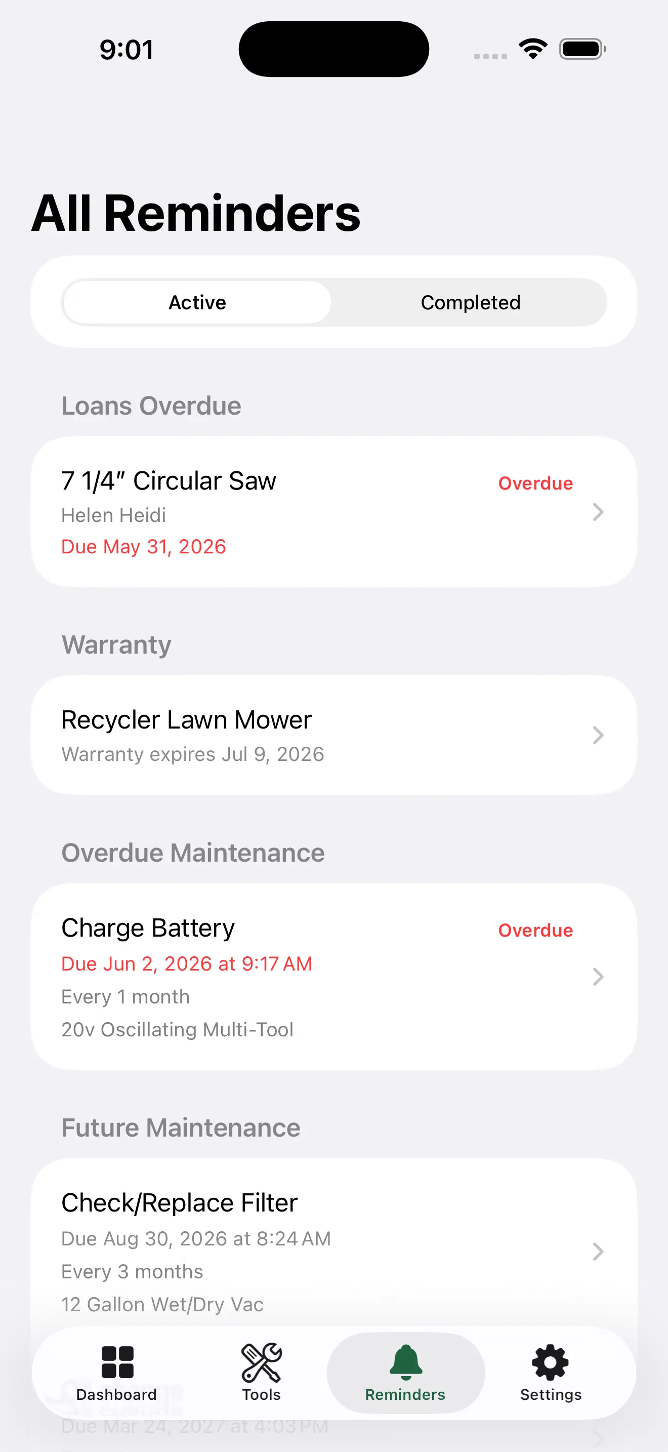 ToolMark reminders screen with overdue and future maintenance
