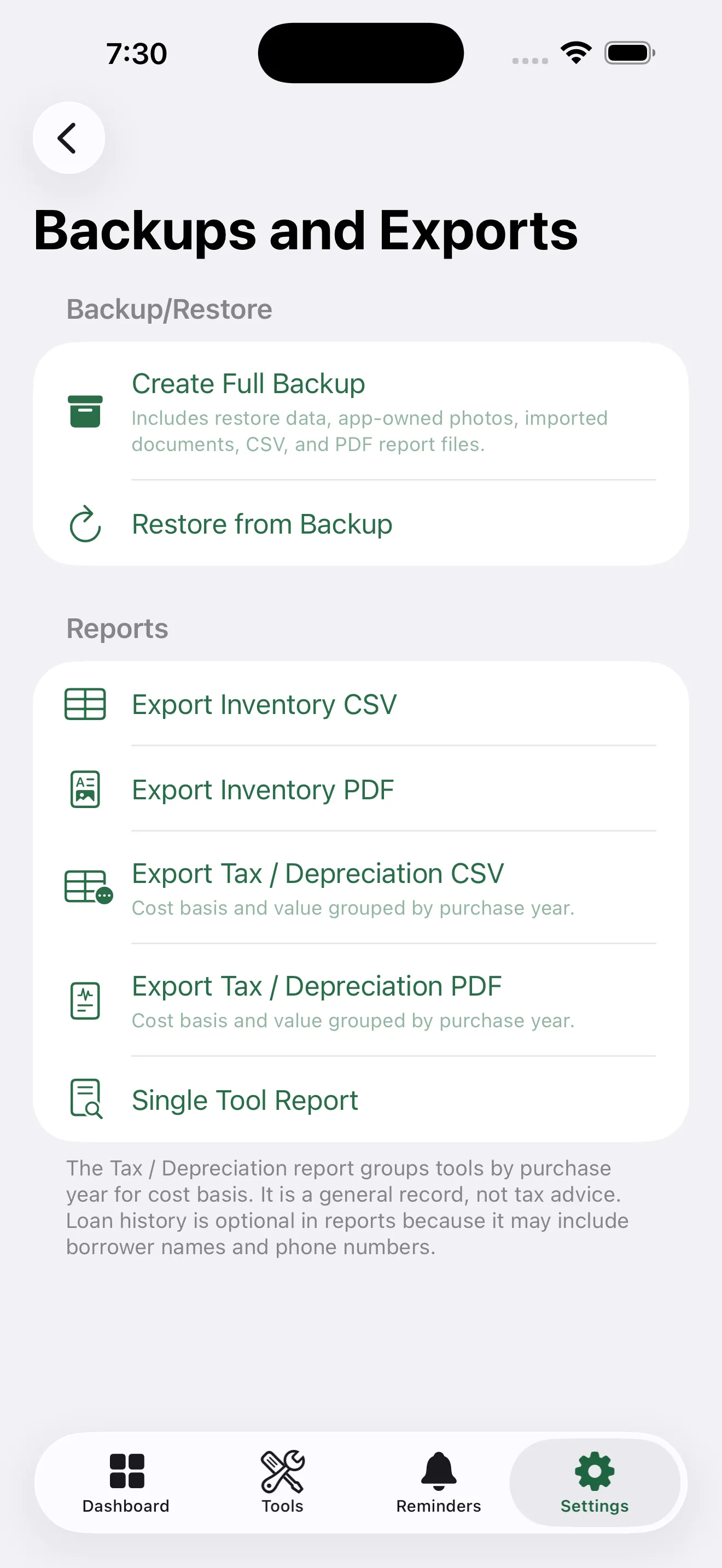 ToolMark backup and reports screen