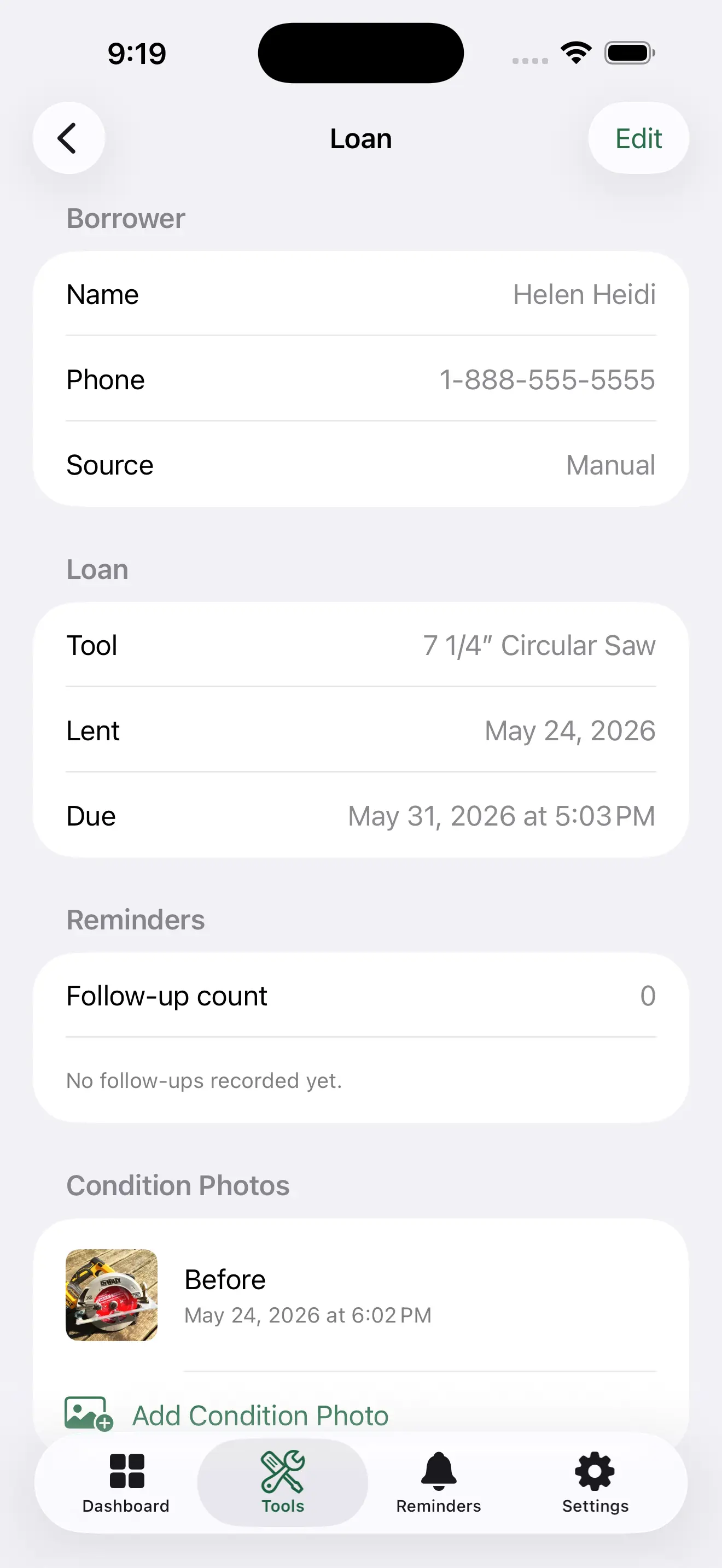 ToolMark lend tool form screen