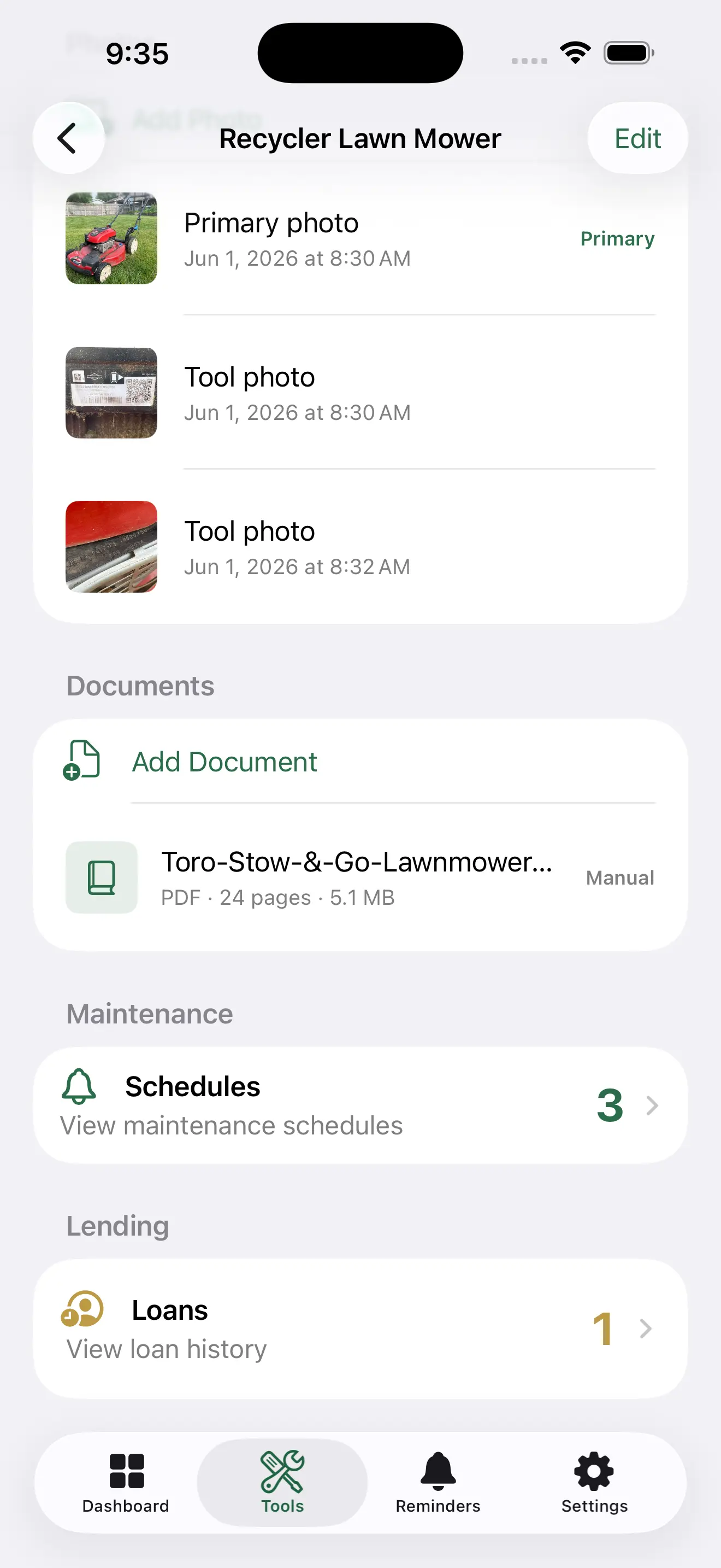 ToolMark tool detail screen with documents and maintenance records