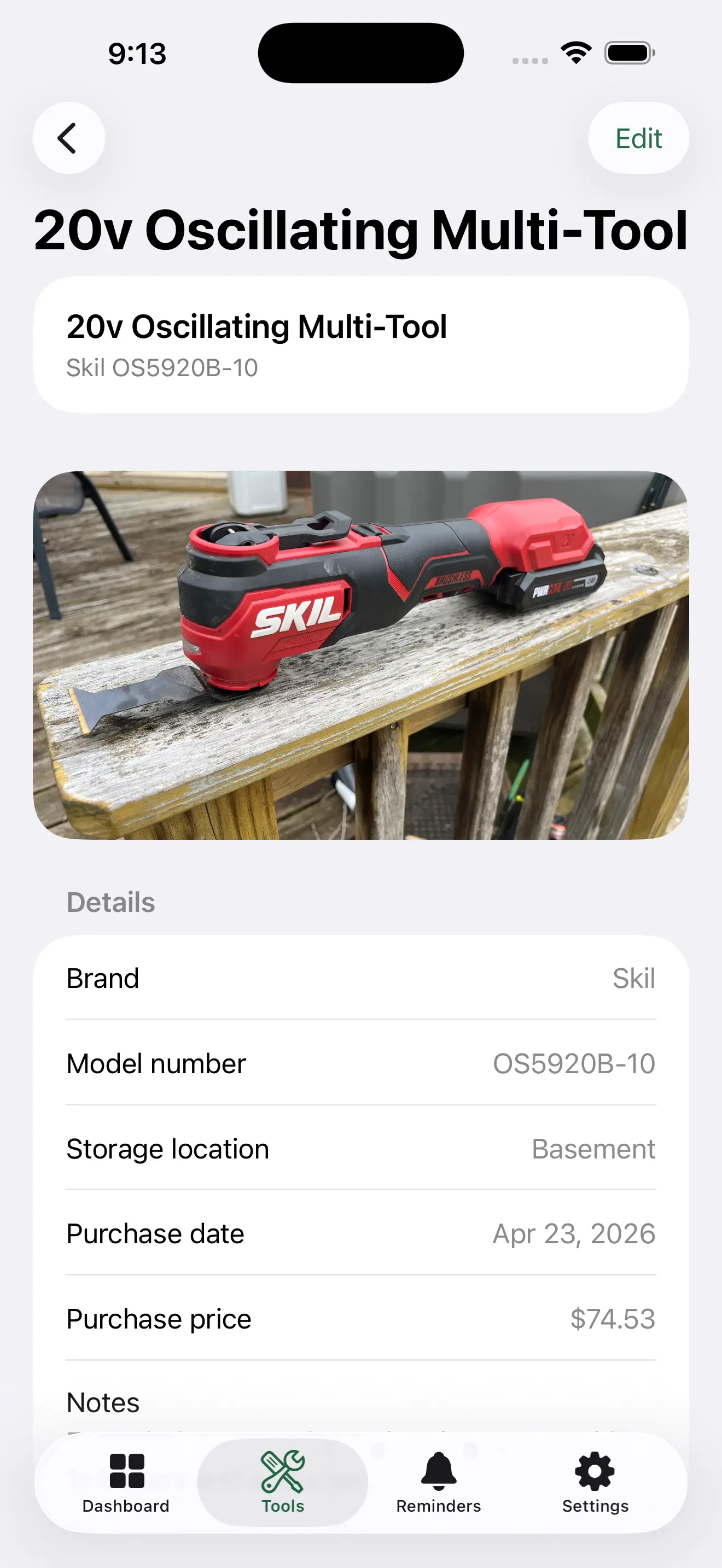 ToolMark tool detail overview screen with purchase details and tool metadata