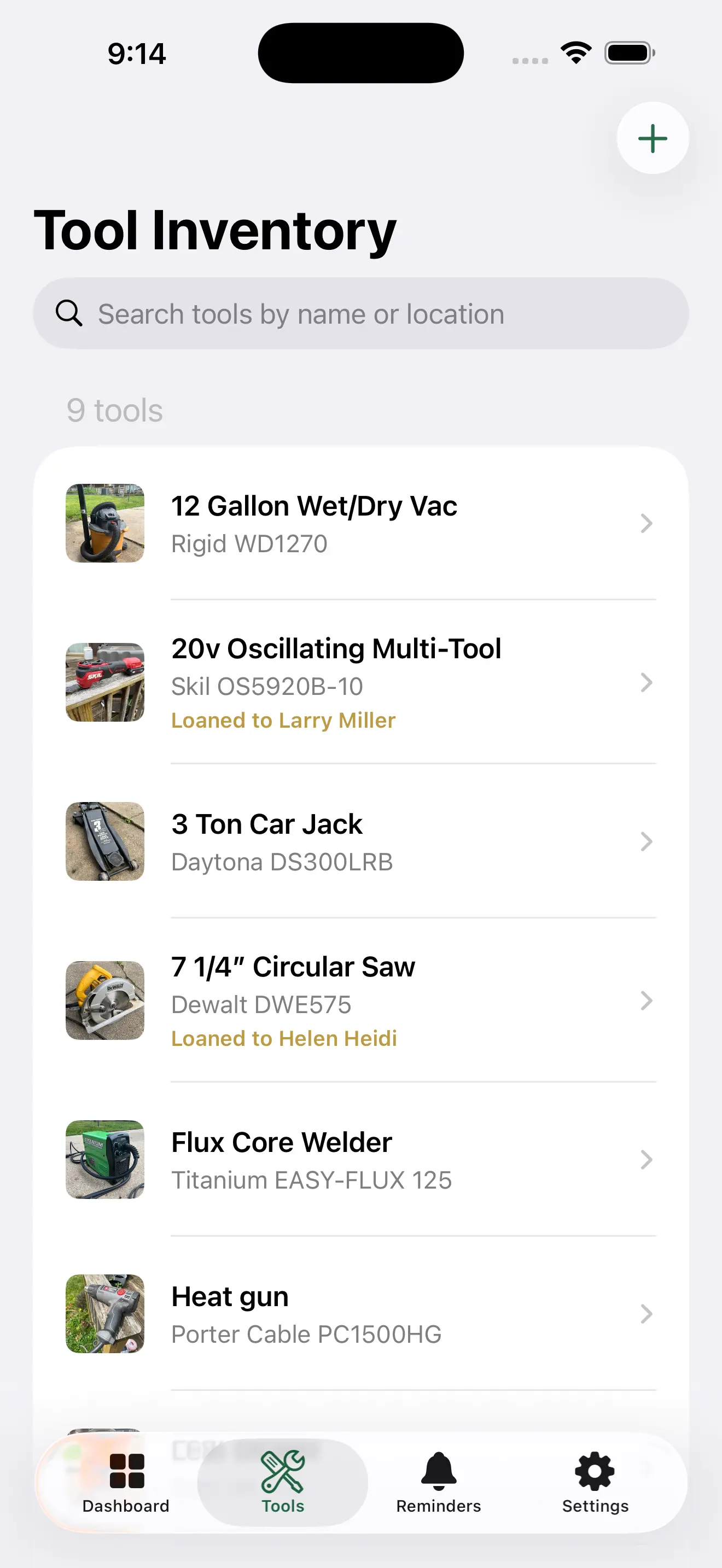 ToolMark tool inventory list screen
