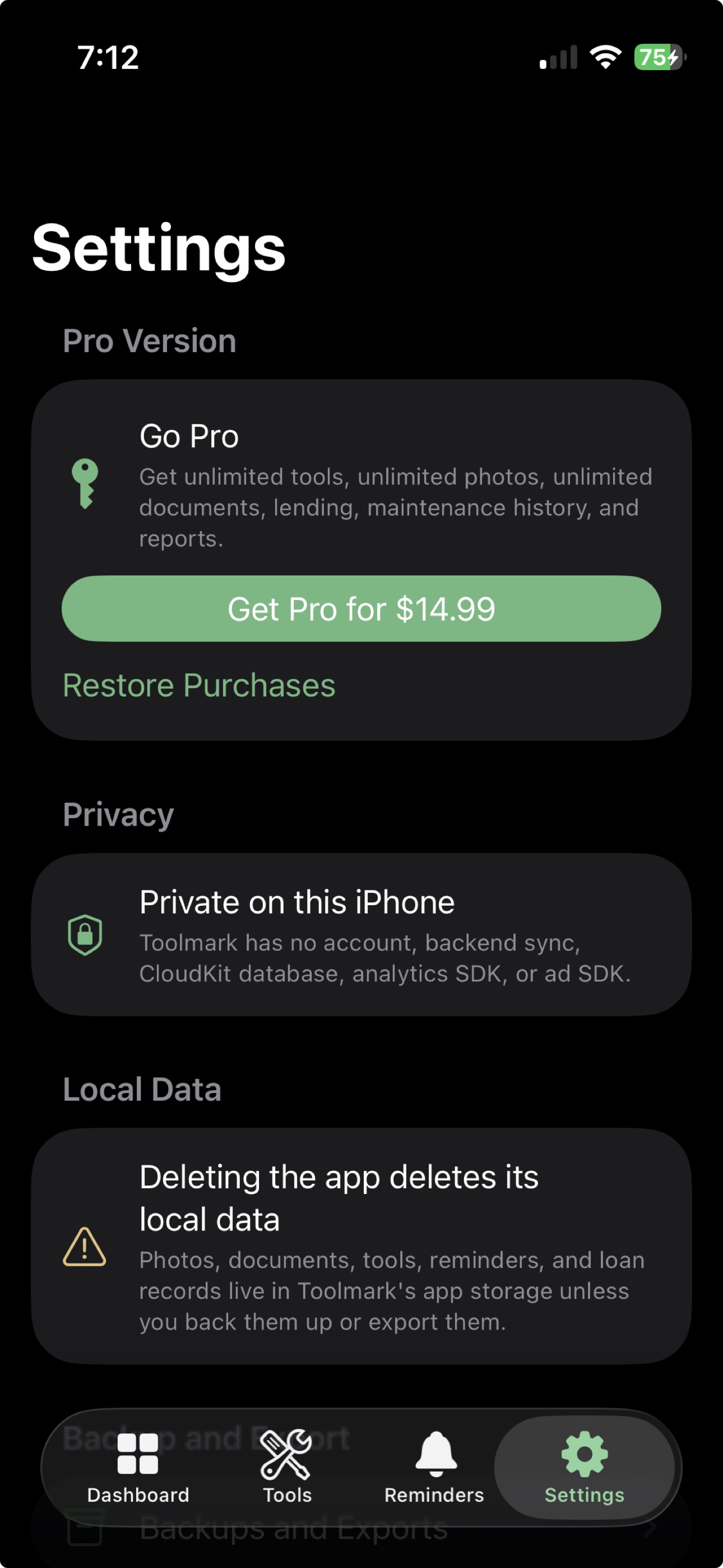 Toolmark documents and receipts screen